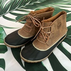 Sorel brand brown leather and rubber duck boots